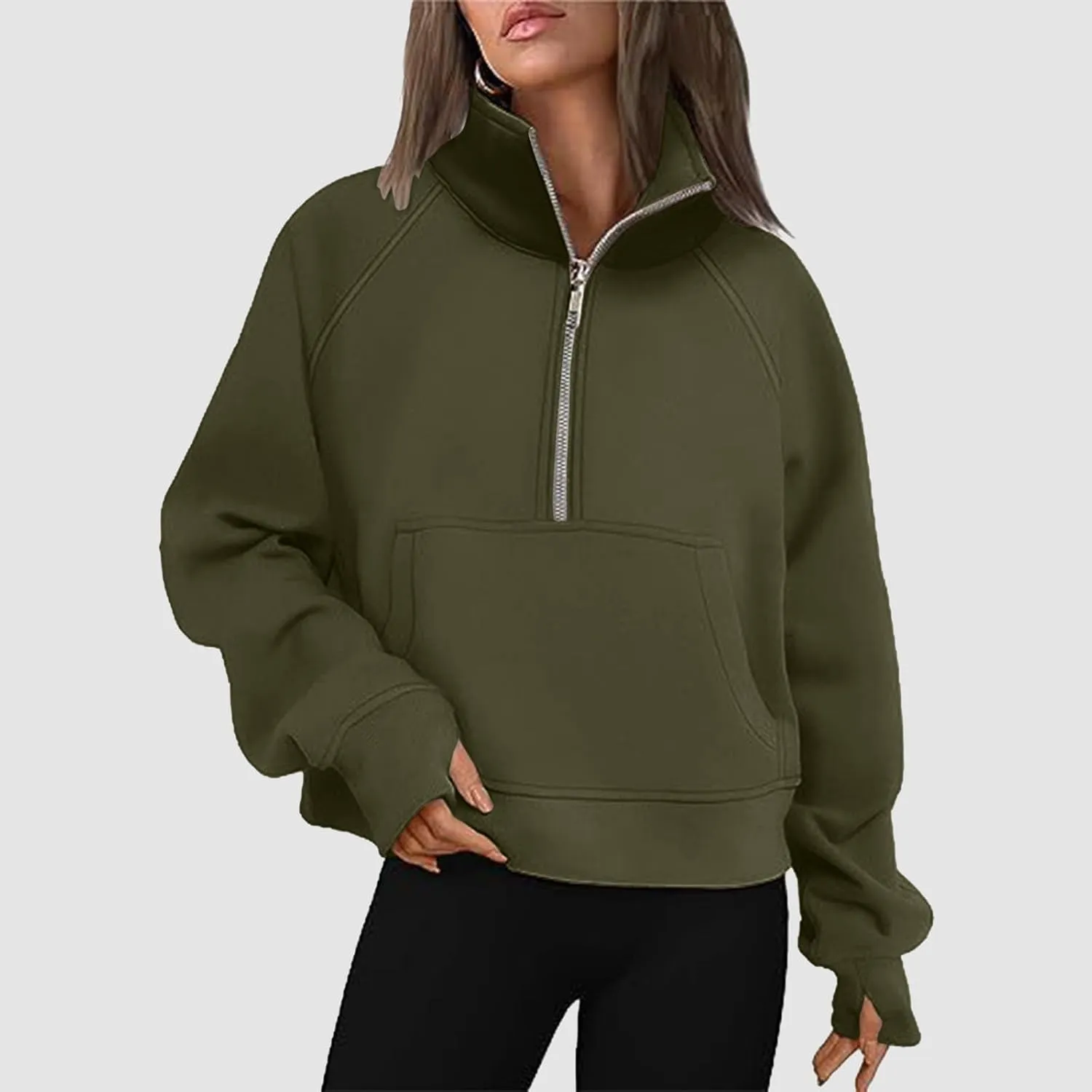 Women's Half Zip Cropped Pullover Sweatshirts Long Sleeve Solid Color Pocket Sweatshirt with Thumb Hole Casual Tops