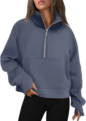 Women's Half Zip Cropped Pullover Sweatshirts Long Sleeve Solid Color Pocket Sweatshirt with Thumb Hole Casual Tops