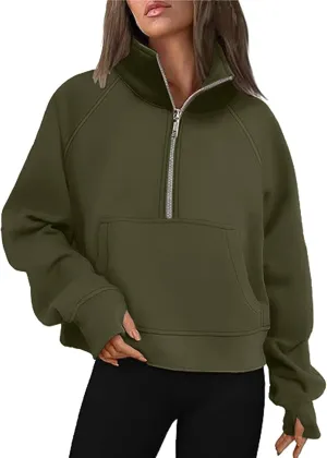 Women's Half Zip Cropped Pullover Sweatshirts Long Sleeve Solid Color Pocket Sweatshirt with Thumb Hole Casual Tops