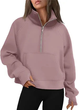 Women's Half Zip Cropped Pullover Sweatshirts Long Sleeve Solid Color Pocket Sweatshirt with Thumb Hole Casual Tops