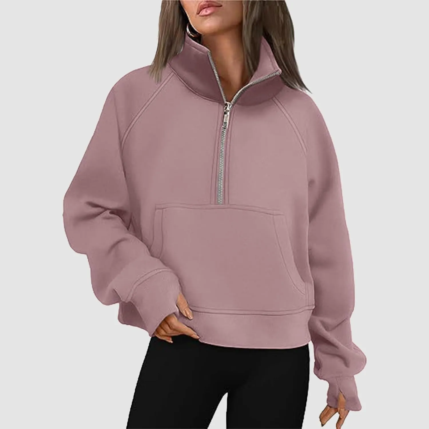 Women's Half Zip Cropped Pullover Sweatshirts Long Sleeve Solid Color Pocket Sweatshirt with Thumb Hole Casual Tops