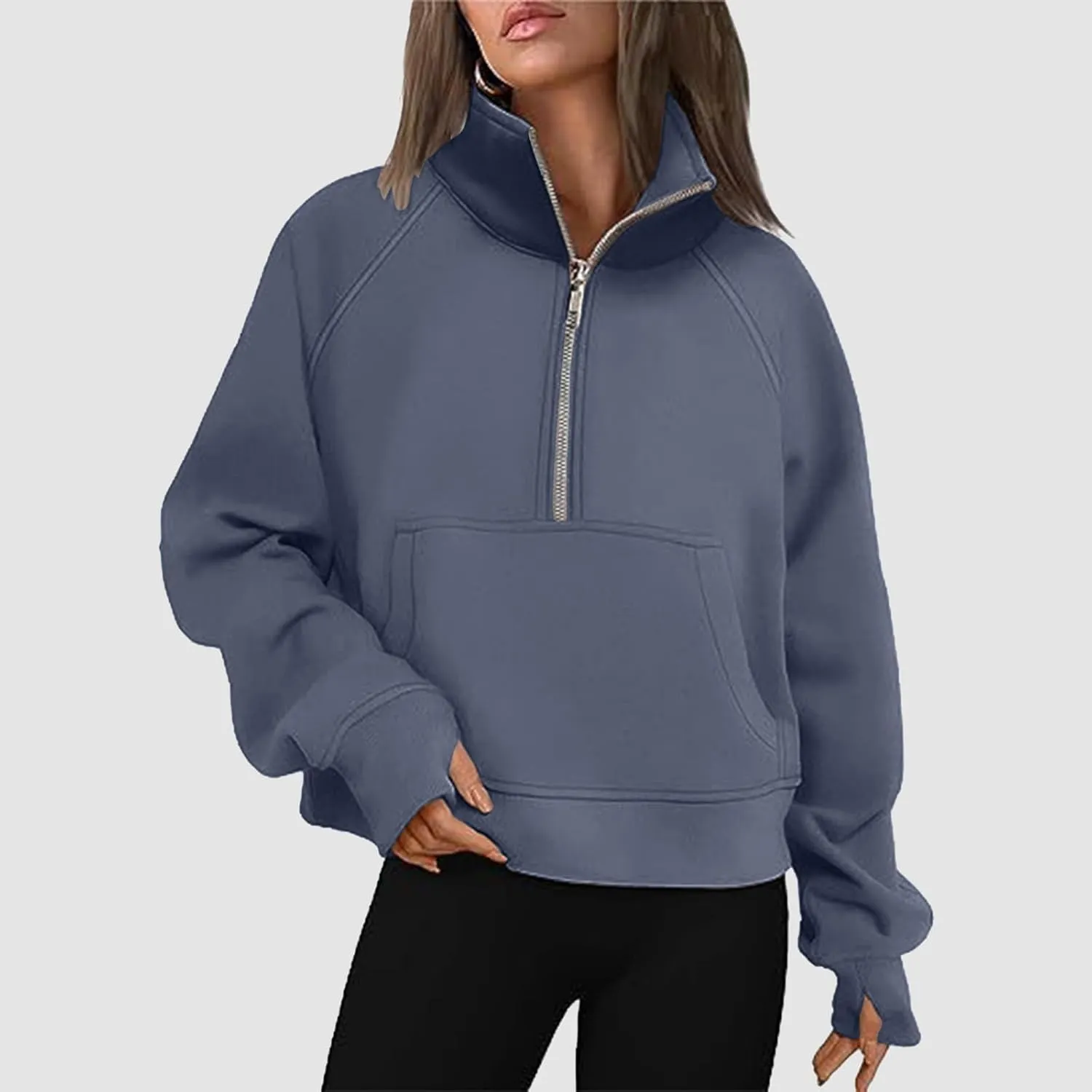 Women's Half Zip Cropped Pullover Sweatshirts Long Sleeve Solid Color Pocket Sweatshirt with Thumb Hole Casual Tops