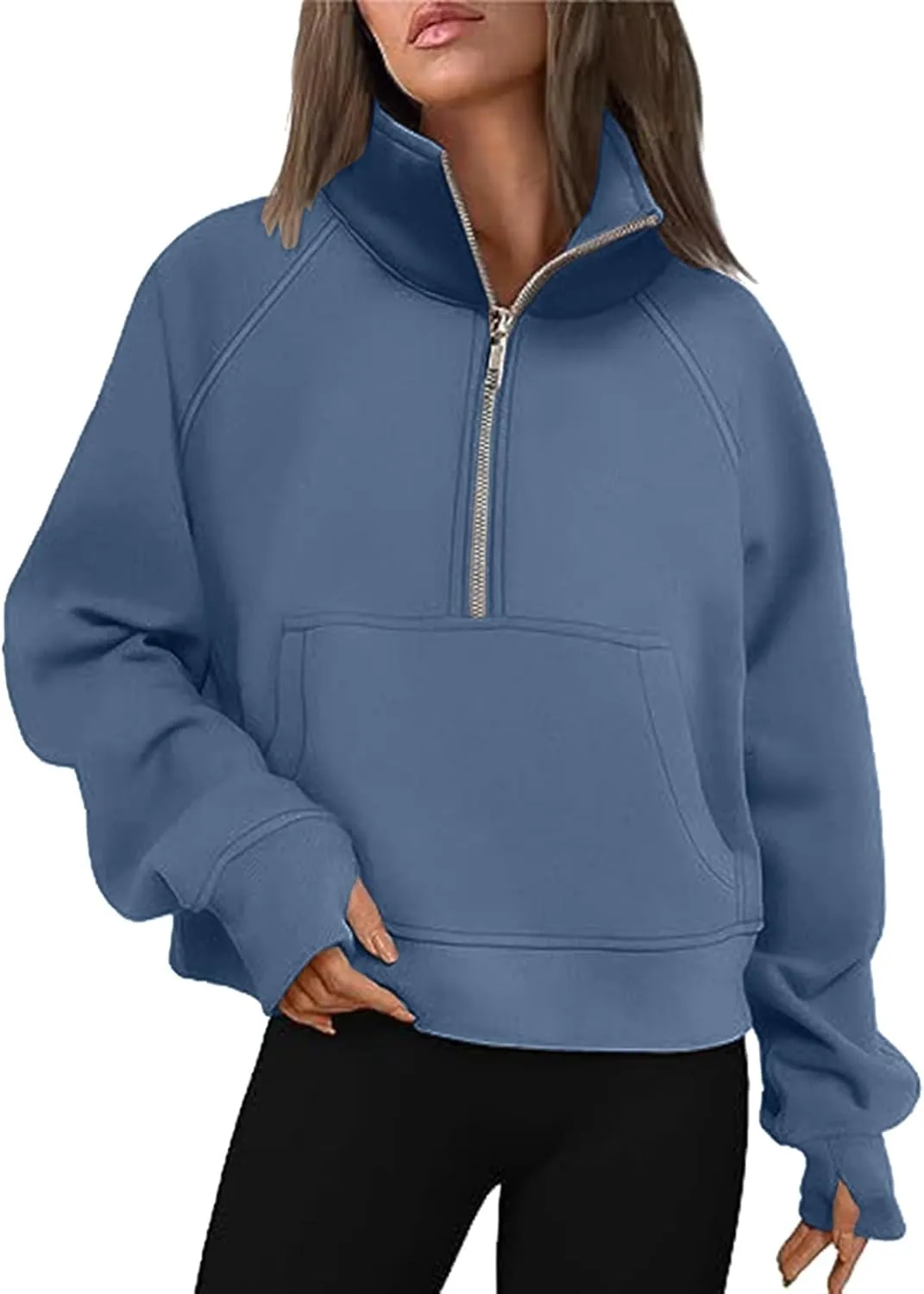 Women's Half Zip Cropped Pullover Sweatshirts Long Sleeve Solid Color Pocket Sweatshirt with Thumb Hole Casual Tops