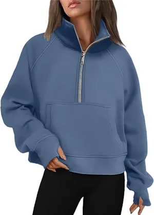 Women's Half Zip Cropped Pullover Sweatshirts Long Sleeve Solid Color Pocket Sweatshirt with Thumb Hole Casual Tops