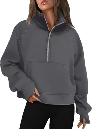 Women's Half Zip Cropped Pullover Sweatshirts Long Sleeve Solid Color Pocket Sweatshirt with Thumb Hole Casual Tops