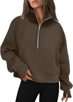 Women's Half Zip Cropped Pullover Sweatshirts Long Sleeve Solid Color Pocket Sweatshirt with Thumb Hole Casual Tops