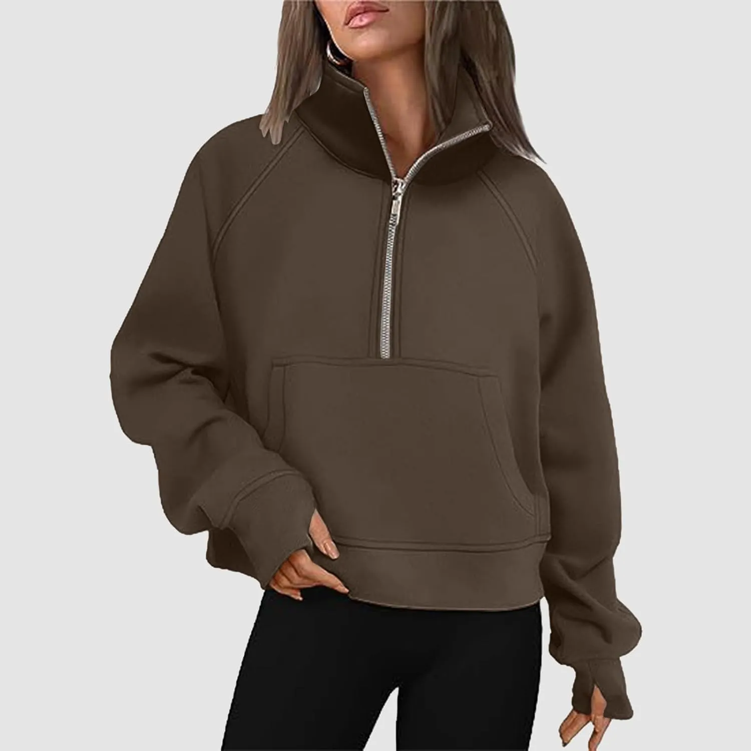 Women's Half Zip Cropped Pullover Sweatshirts Long Sleeve Solid Color Pocket Sweatshirt with Thumb Hole Casual Tops