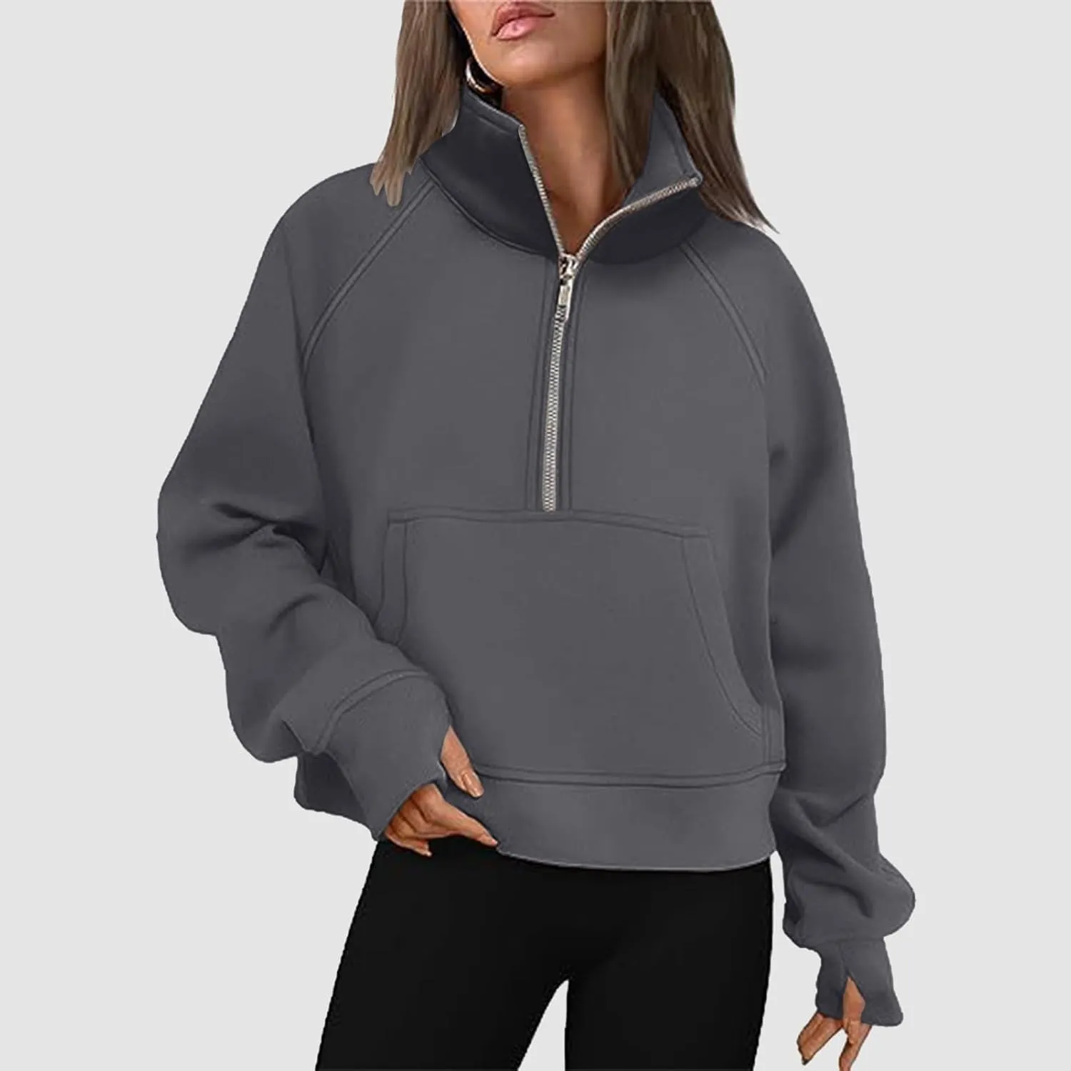 Women's Half Zip Cropped Pullover Sweatshirts Long Sleeve Solid Color Pocket Sweatshirt with Thumb Hole Casual Tops