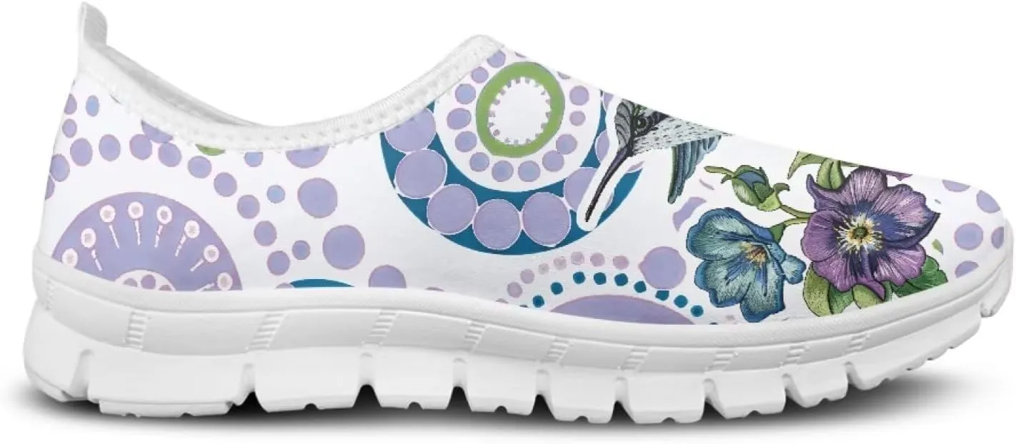 Women's Hummingbird Flower Wide Flats Loafer Leisure Shoes Slip On Lowtop Work Walking Sneaker