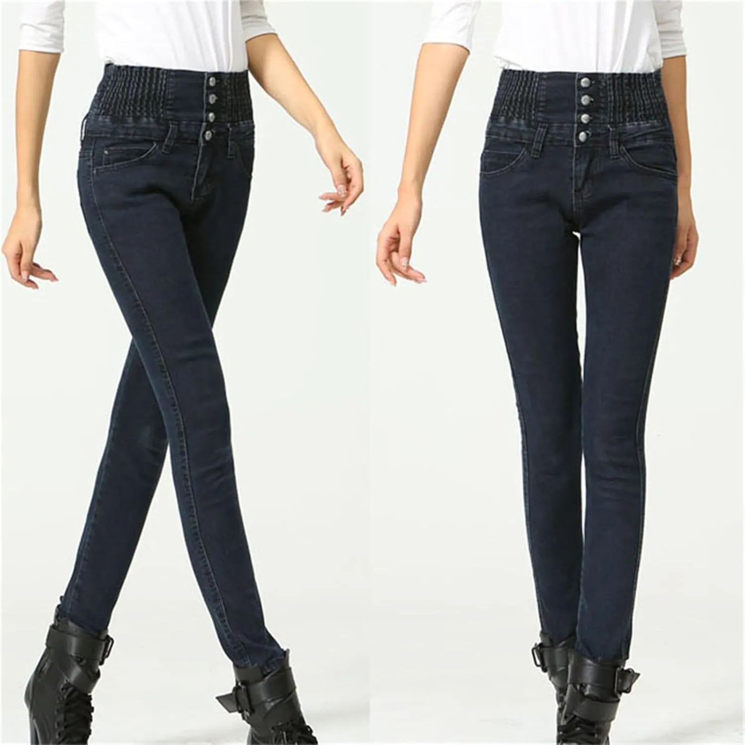 Women's Jeans Thick Skinny Pants Slim Stretch Jeggings Elastic Waist High Waisted Pencil Pants