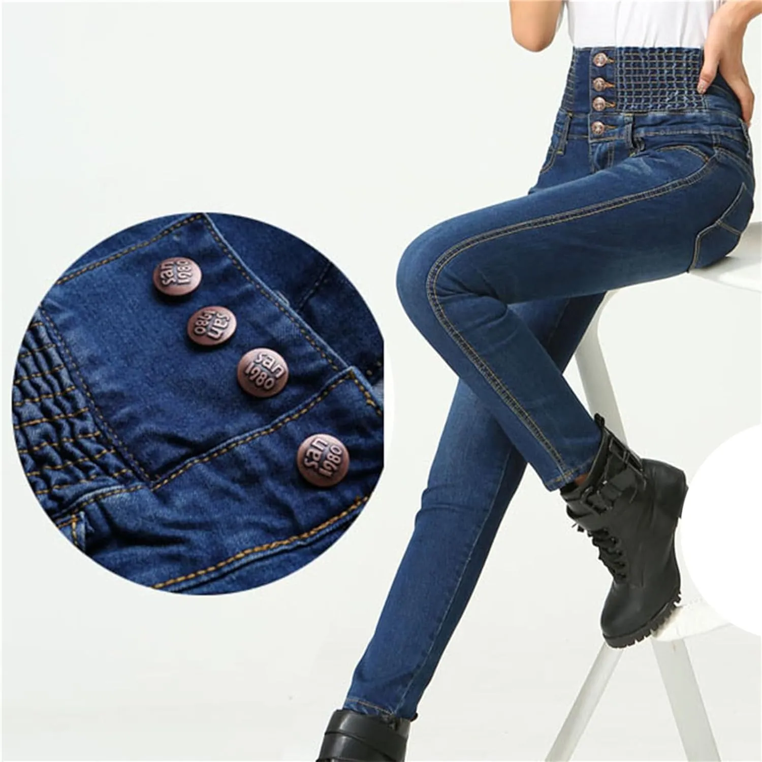 Women's Jeans Thick Skinny Pants Slim Stretch Jeggings Elastic Waist High Waisted Pencil Pants