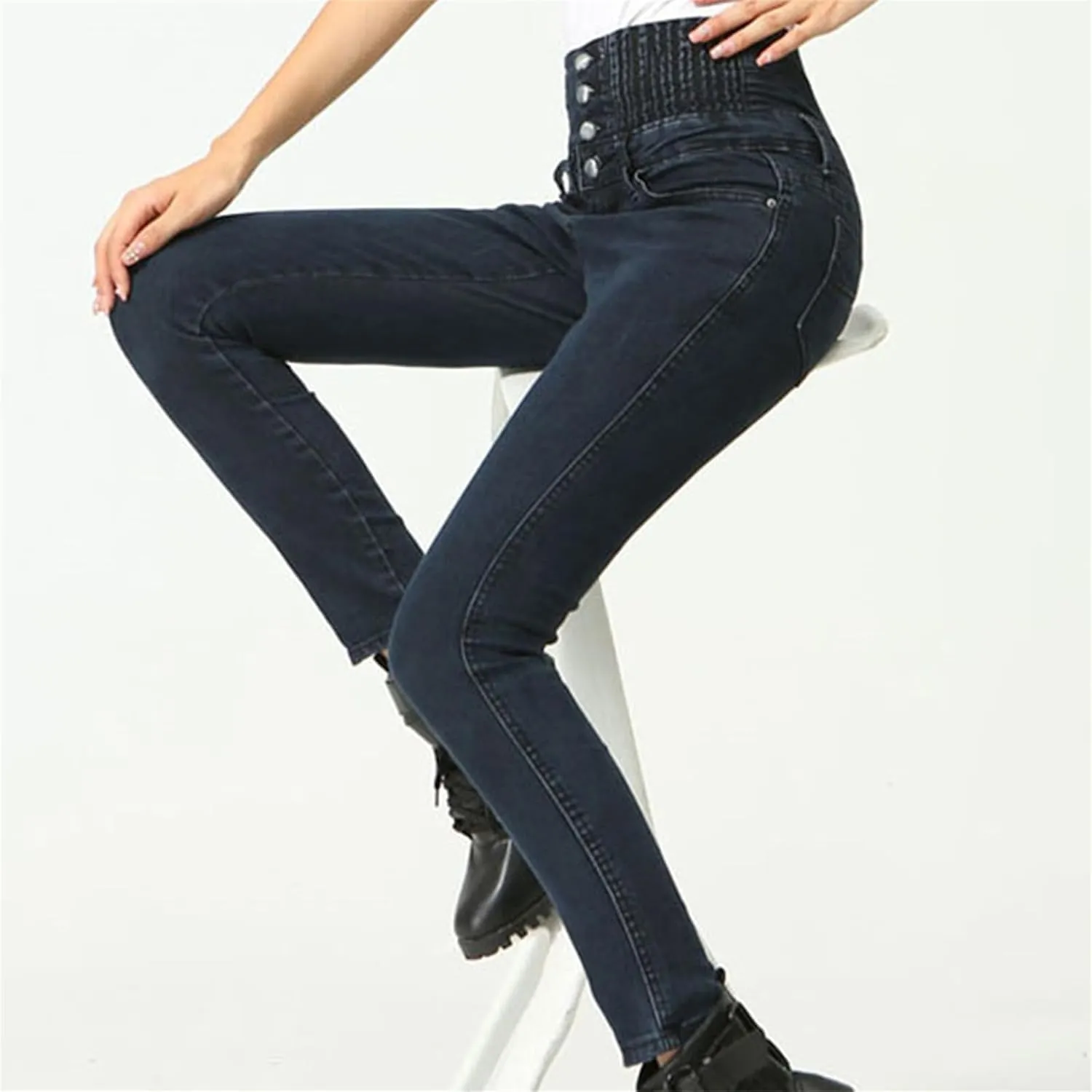 Women's Jeans Thick Skinny Pants Slim Stretch Jeggings Elastic Waist High Waisted Pencil Pants