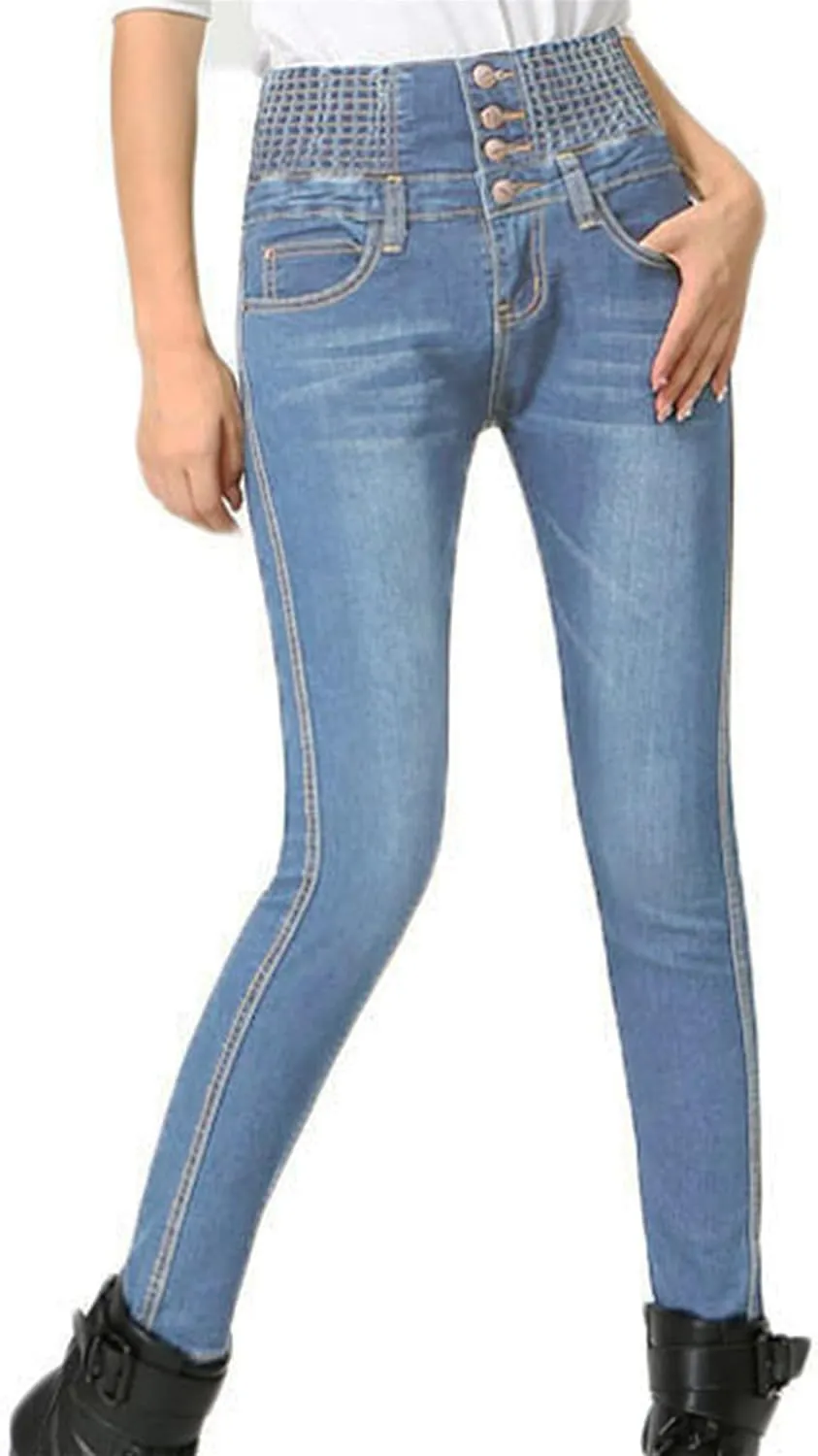 Women's Jeans Thick Skinny Pants Slim Stretch Jeggings Elastic Waist High Waisted Pencil Pants