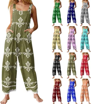 Women'S Jumpsuits Casual Linen Sleeveless Strap Bib Overalls Summer Loose Wide Leg Palazzo Pants Rompers With Pockets