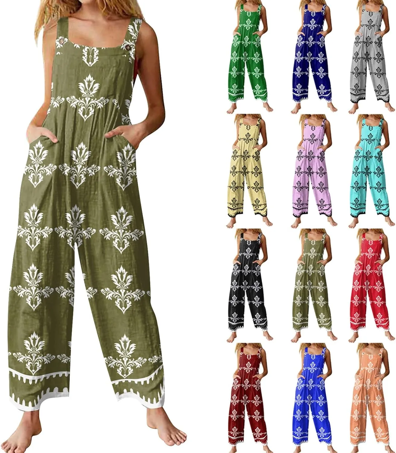 Women'S Jumpsuits Casual Linen Sleeveless Strap Bib Overalls Summer Loose Wide Leg Palazzo Pants Rompers With Pockets