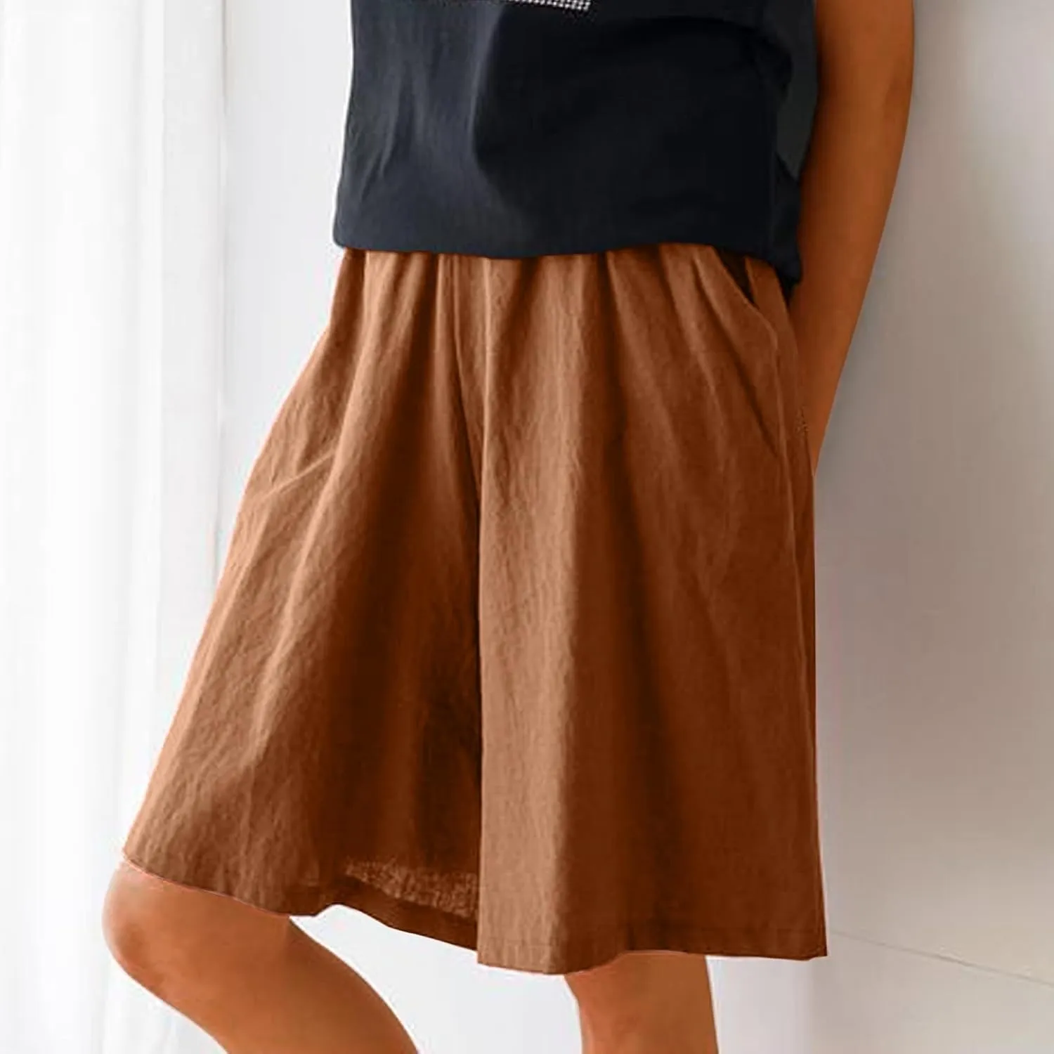 Womens Knee Length Bermuda Shorts Elastic Waist Wide Leg Casual 10" Long Shorts Loose Fit Summer Beach Shorts Pocket