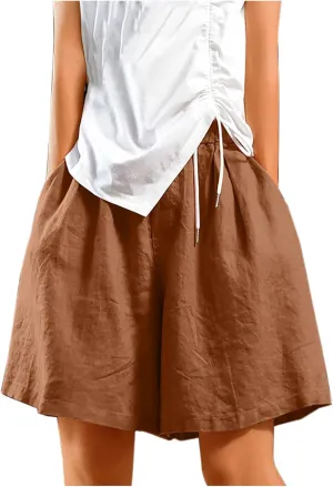 Womens Knee Length Bermuda Shorts Elastic Waist Wide Leg Casual 10" Long Shorts Loose Fit Summer Beach Shorts Pocket