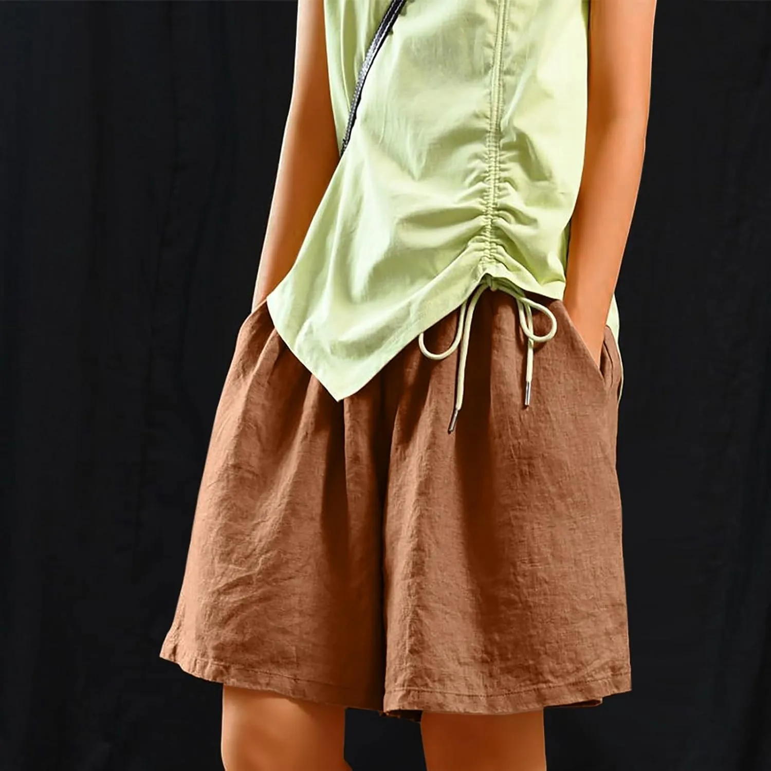 Womens Knee Length Bermuda Shorts Elastic Waist Wide Leg Casual 10" Long Shorts Loose Fit Summer Beach Shorts Pocket