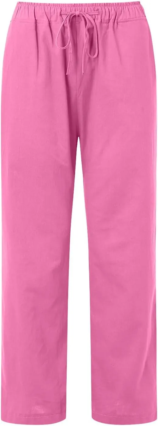 Women's Linen Pants Fall High Waist Wide Leg Yoga Pants Drawstring Casual Loose Trousers with Pockets Trendy