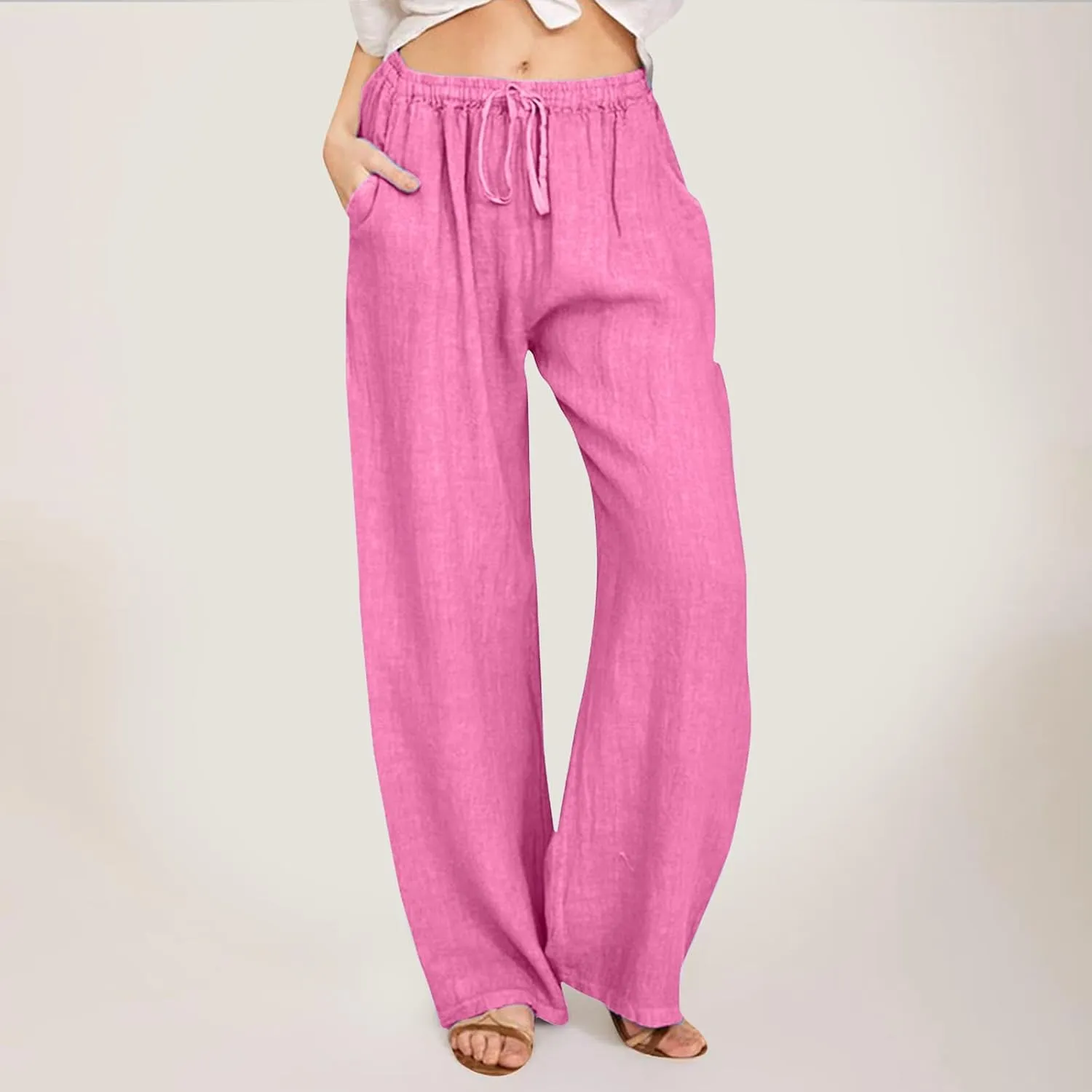 Women's Linen Pants Fall High Waist Wide Leg Yoga Pants Drawstring Casual Loose Trousers with Pockets Trendy