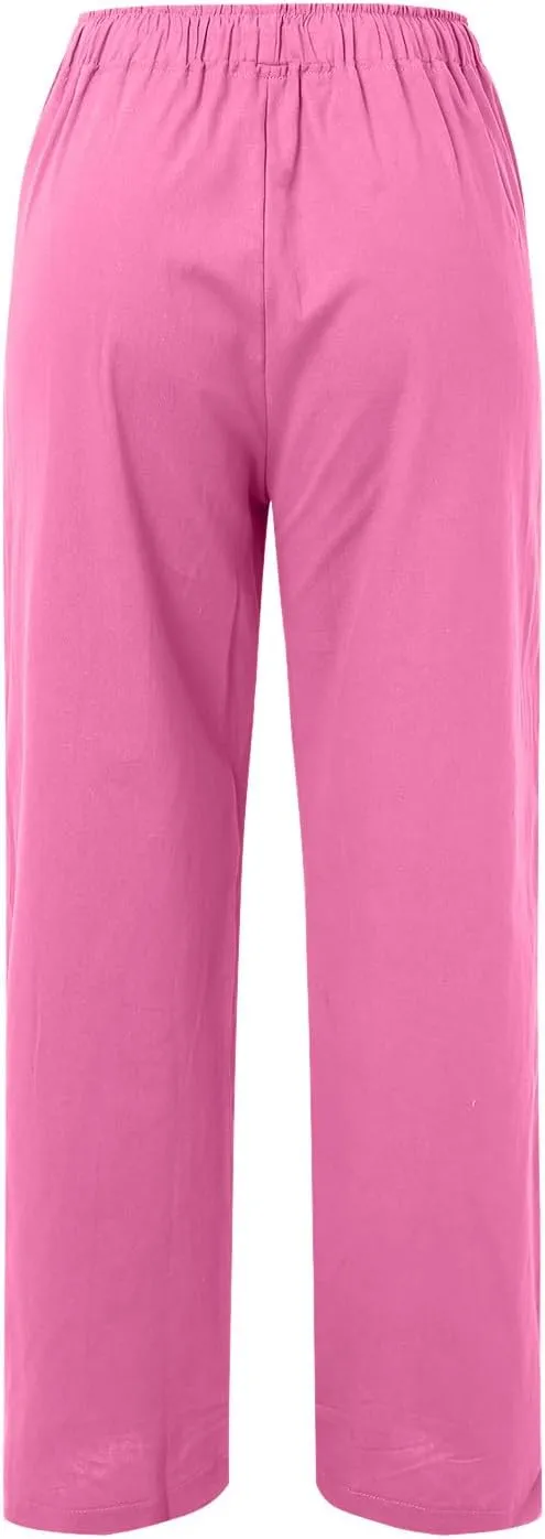 Women's Linen Pants Fall High Waist Wide Leg Yoga Pants Drawstring Casual Loose Trousers with Pockets Trendy