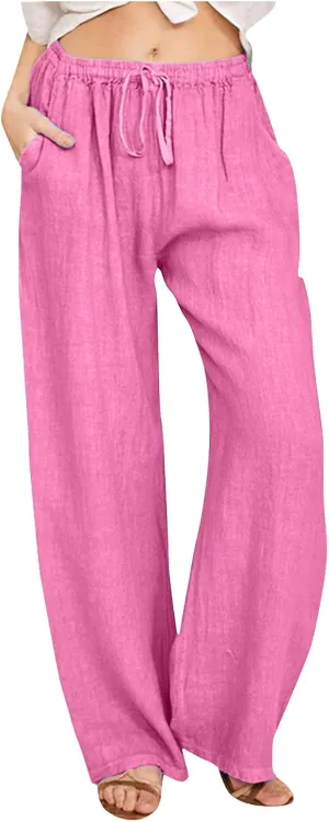 Women's Linen Pants Fall High Waist Wide Leg Yoga Pants Drawstring Casual Loose Trousers with Pockets Trendy