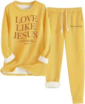 Womens Love Like Jesus 2 Piece Loungwear Set Warm Sherpa Lined Fleece Sweatshirt and Joggers Pants Winter Suits