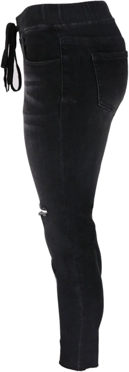 Womens Low-Waist Skinny Stretch Ripped Jeans Destroyed Denim Pants Drawstring Denim Pencil Pants