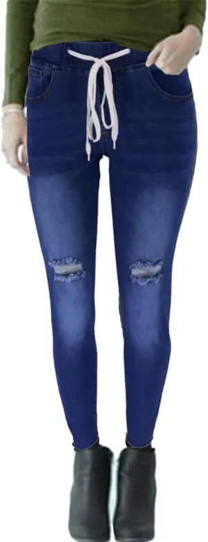 Womens Low-Waist Skinny Stretch Ripped Jeans Destroyed Denim Pants Drawstring Denim Pencil Pants