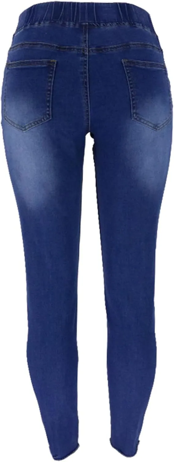 Womens Low-Waist Skinny Stretch Ripped Jeans Destroyed Denim Pants Drawstring Denim Pencil Pants