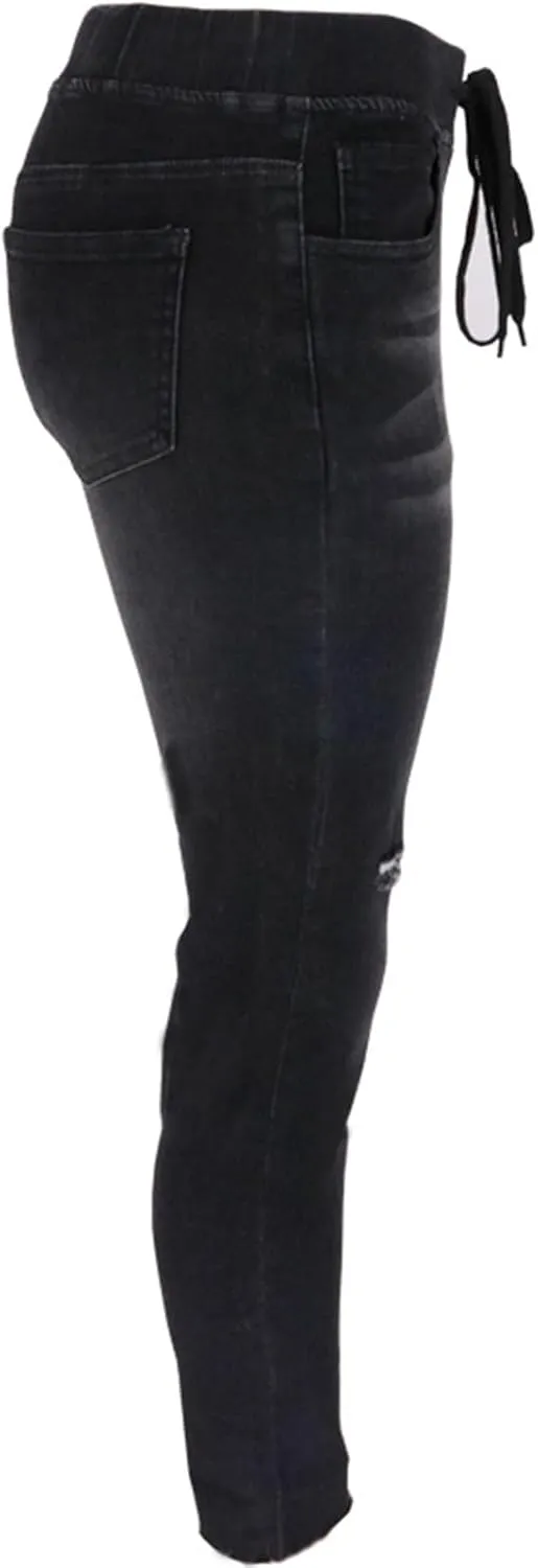 Womens Low-Waist Skinny Stretch Ripped Jeans Destroyed Denim Pants Drawstring Denim Pencil Pants