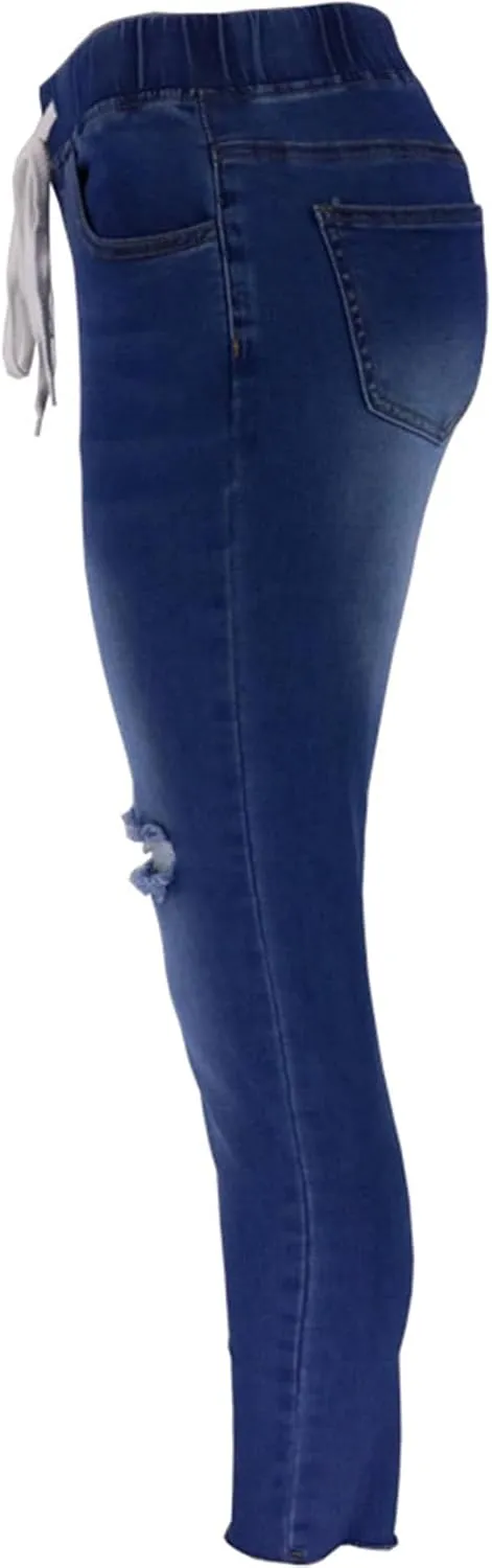 Womens Low-Waist Skinny Stretch Ripped Jeans Destroyed Denim Pants Drawstring Denim Pencil Pants