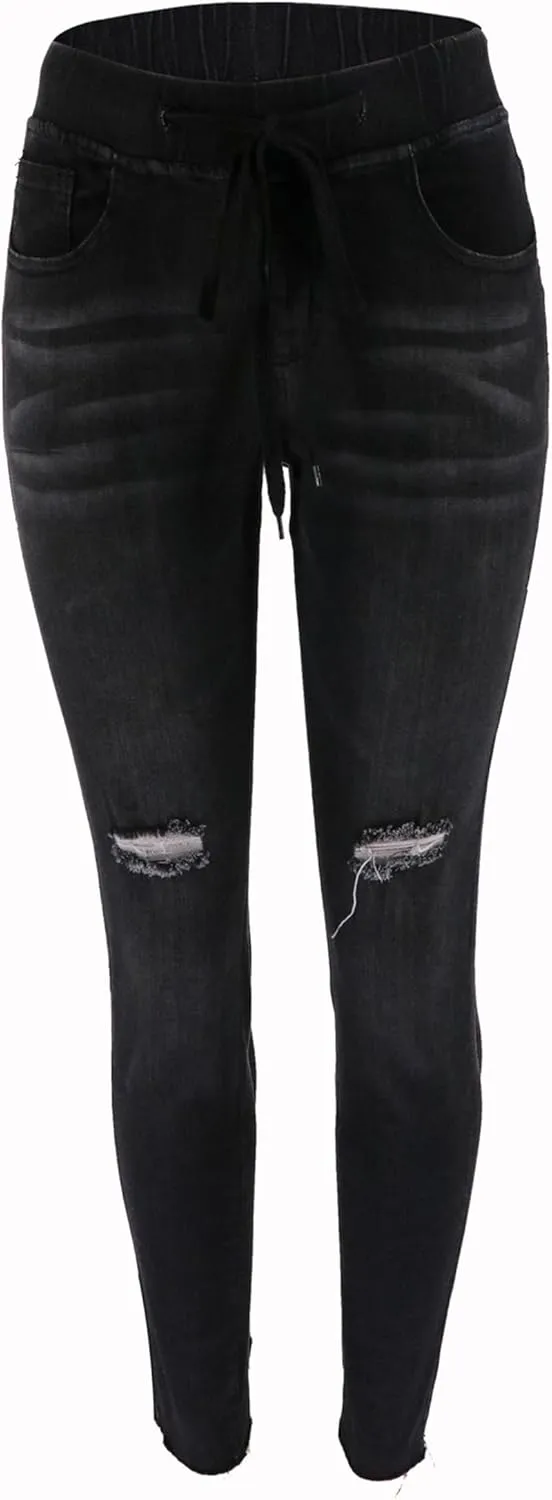 Womens Low-Waist Skinny Stretch Ripped Jeans Destroyed Denim Pants Drawstring Denim Pencil Pants
