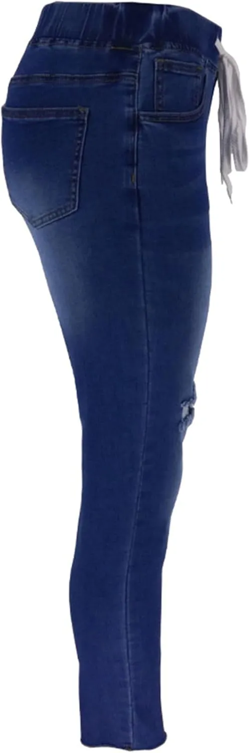 Womens Low-Waist Skinny Stretch Ripped Jeans Destroyed Denim Pants Drawstring Denim Pencil Pants