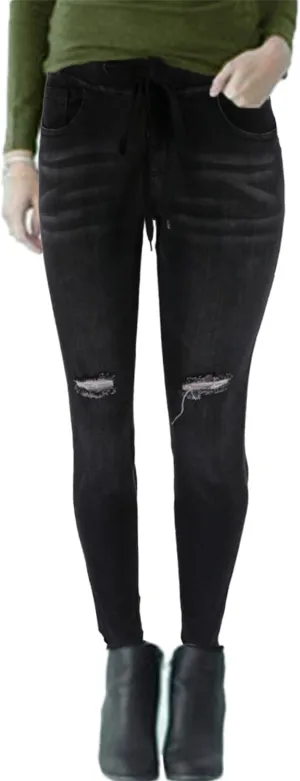 Womens Low-Waist Skinny Stretch Ripped Jeans Destroyed Denim Pants Drawstring Denim Pencil Pants