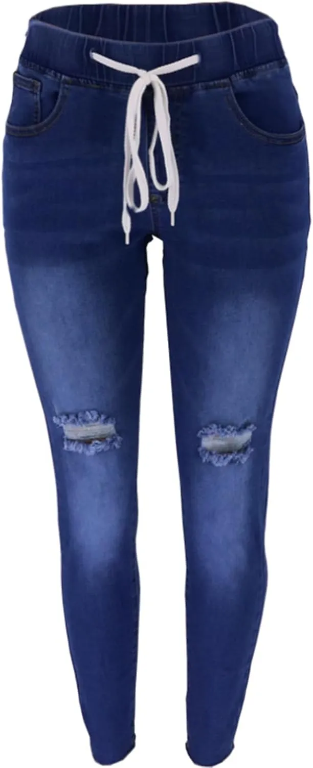 Womens Low-Waist Skinny Stretch Ripped Jeans Destroyed Denim Pants Drawstring Denim Pencil Pants