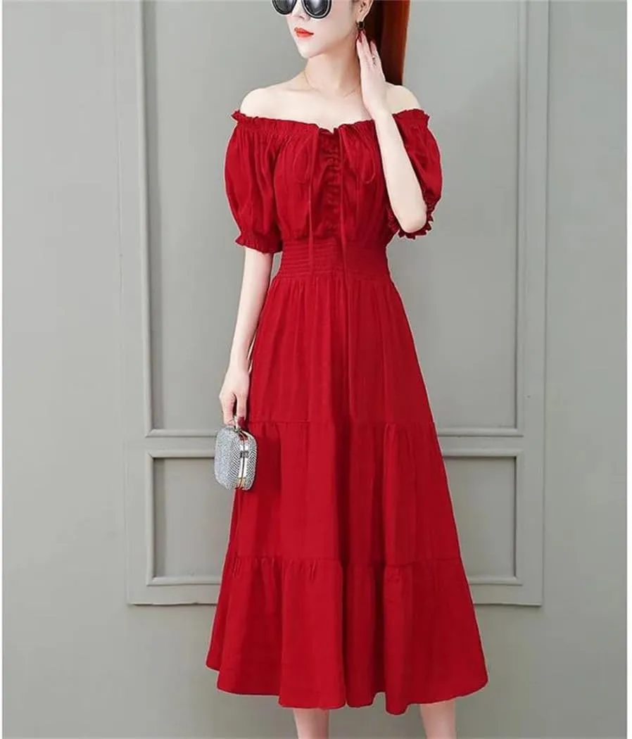 Women's Slash Neck Loose Bow Folds Shirring Midi Dress Summer Office Lady Dress
