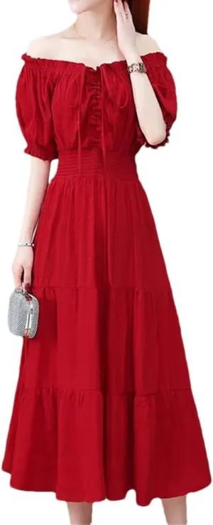 Women's Slash Neck Loose Bow Folds Shirring Midi Dress Summer Office Lady Dress