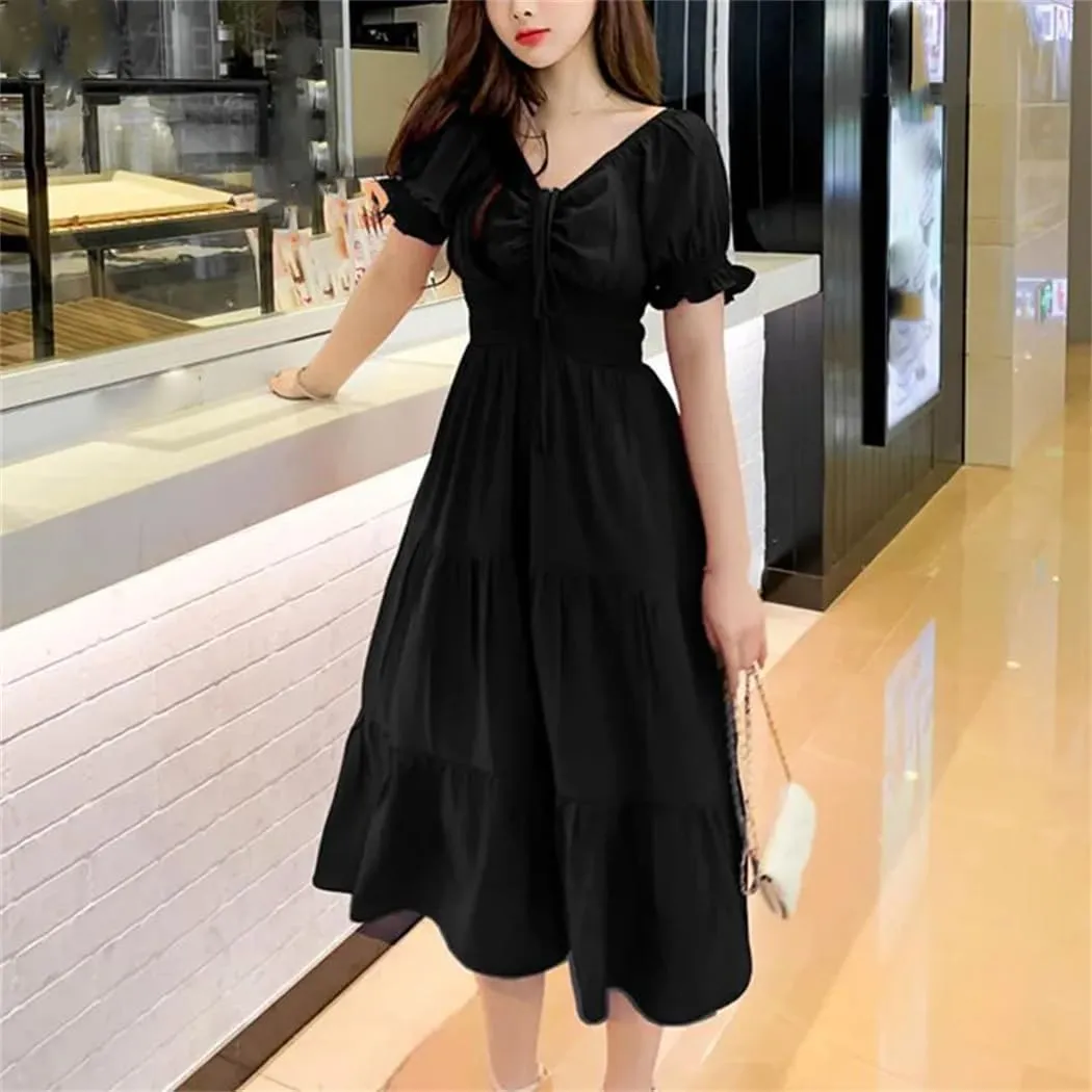 Women's Slash Neck Loose Bow Folds Shirring Midi Dress Summer Office Lady Dress