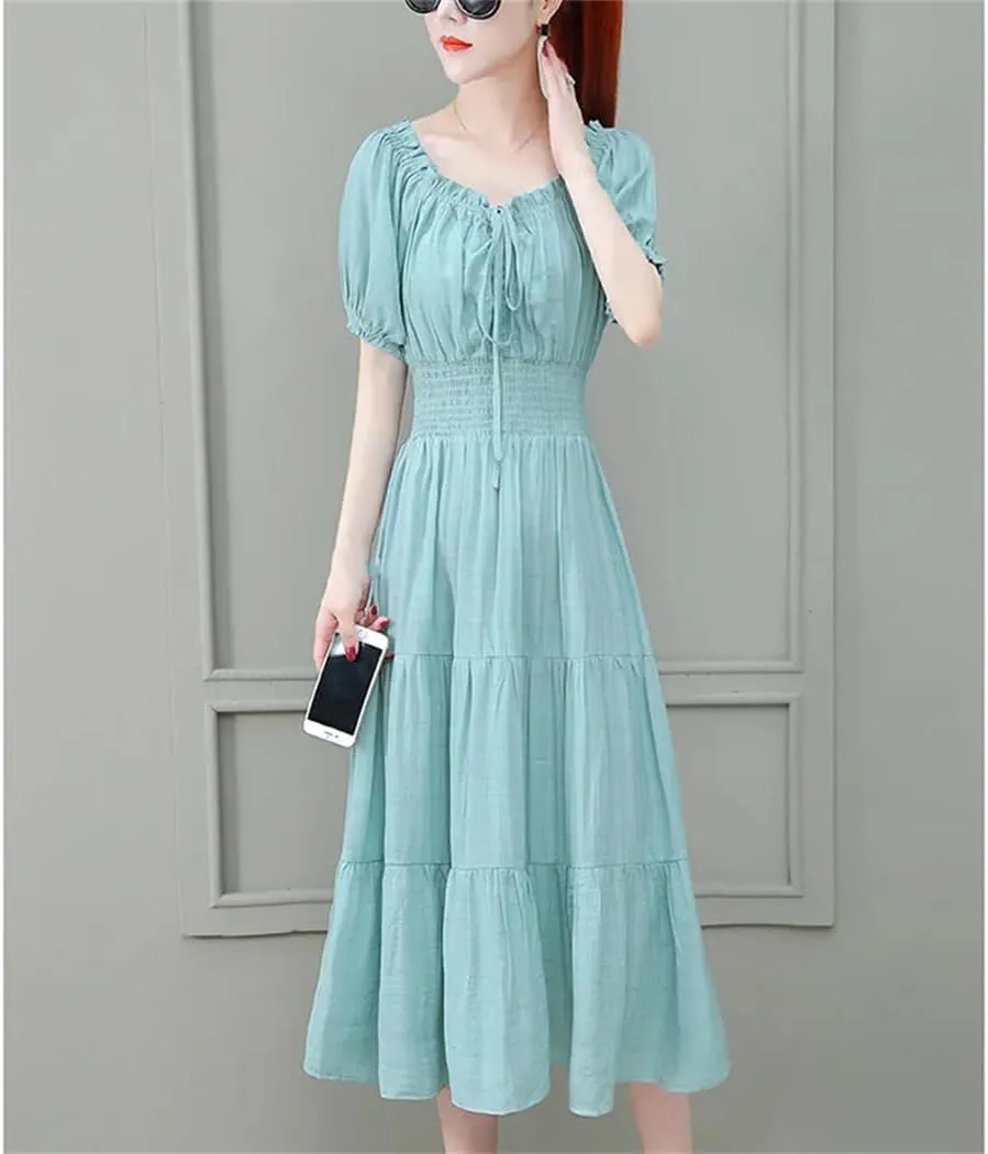 Women's Slash Neck Loose Bow Folds Shirring Midi Dress Summer Office Lady Dress