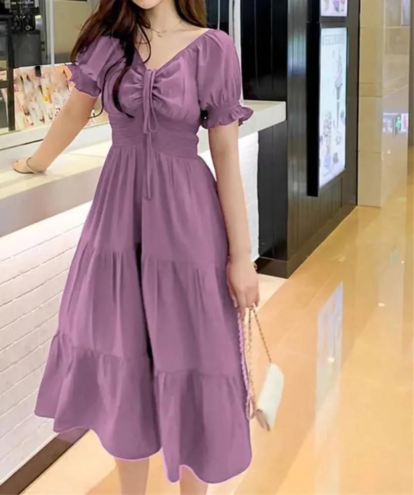 Women's Slash Neck Loose Bow Folds Shirring Midi Dress Summer Office Lady Dress