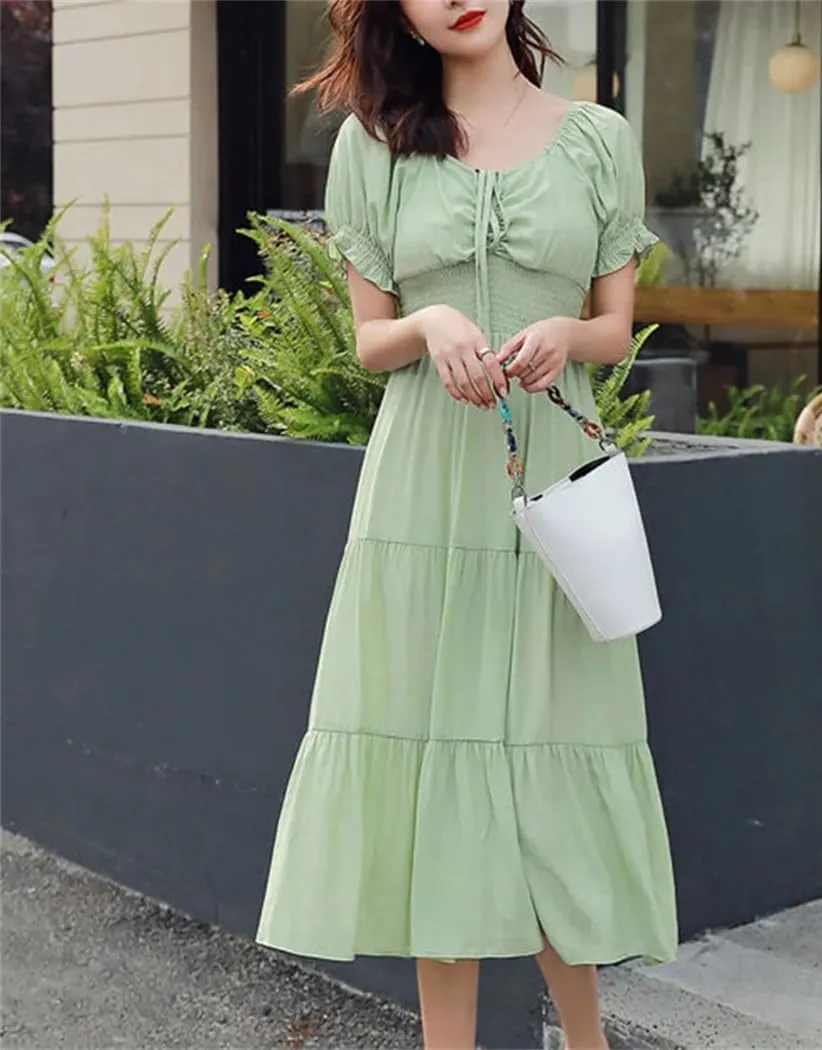 Women's Slash Neck Loose Bow Folds Shirring Midi Dress Summer Office Lady Dress