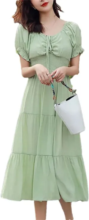 Women's Slash Neck Loose Bow Folds Shirring Midi Dress Summer Office Lady Dress