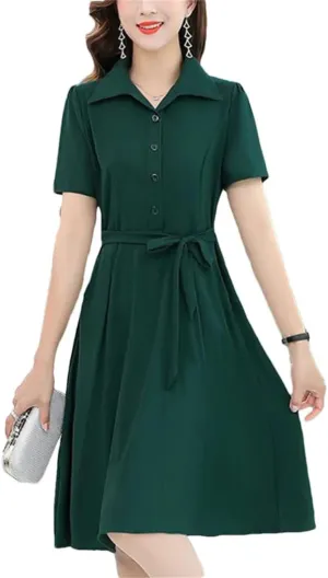 Women's Solid Color Button Loose Bow Mini Dress Summer Short Sleeve Casual Dresses