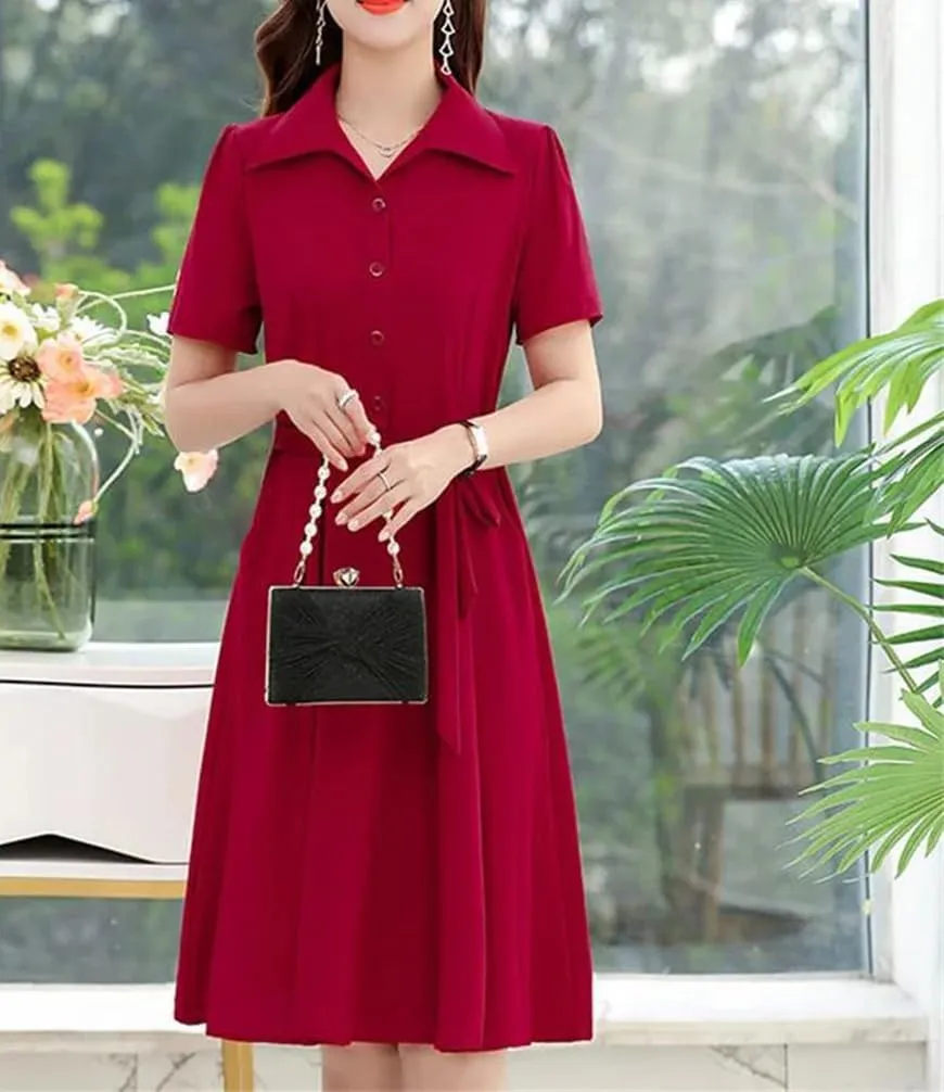 Women's Solid Color Button Loose Bow Mini Dress Summer Short Sleeve Casual Dresses
