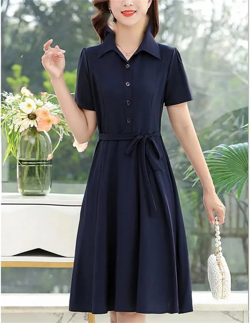 Women's Solid Color Button Loose Bow Mini Dress Summer Short Sleeve Casual Dresses