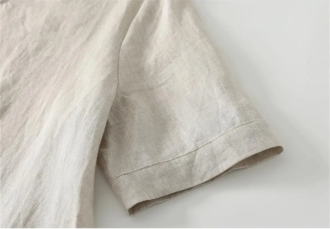 Women's Solid Color Linen V-Neck Short-Sleeved Dress Summer Korean Loose Casual Dresses