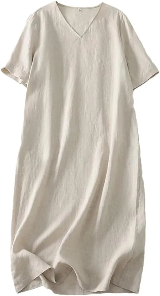 Women's Solid Color Linen V-Neck Short-Sleeved Dress Summer Korean Loose Casual Dresses