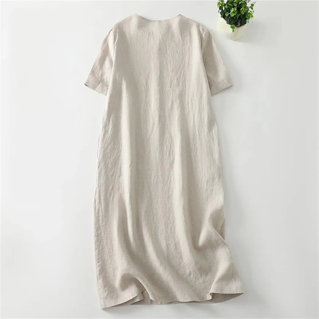 Women's Solid Color Linen V-Neck Short-Sleeved Dress Summer Korean Loose Casual Dresses
