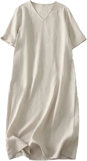 Women's Solid Color Linen V-Neck Short-Sleeved Dress Summer Korean Loose Casual Dresses